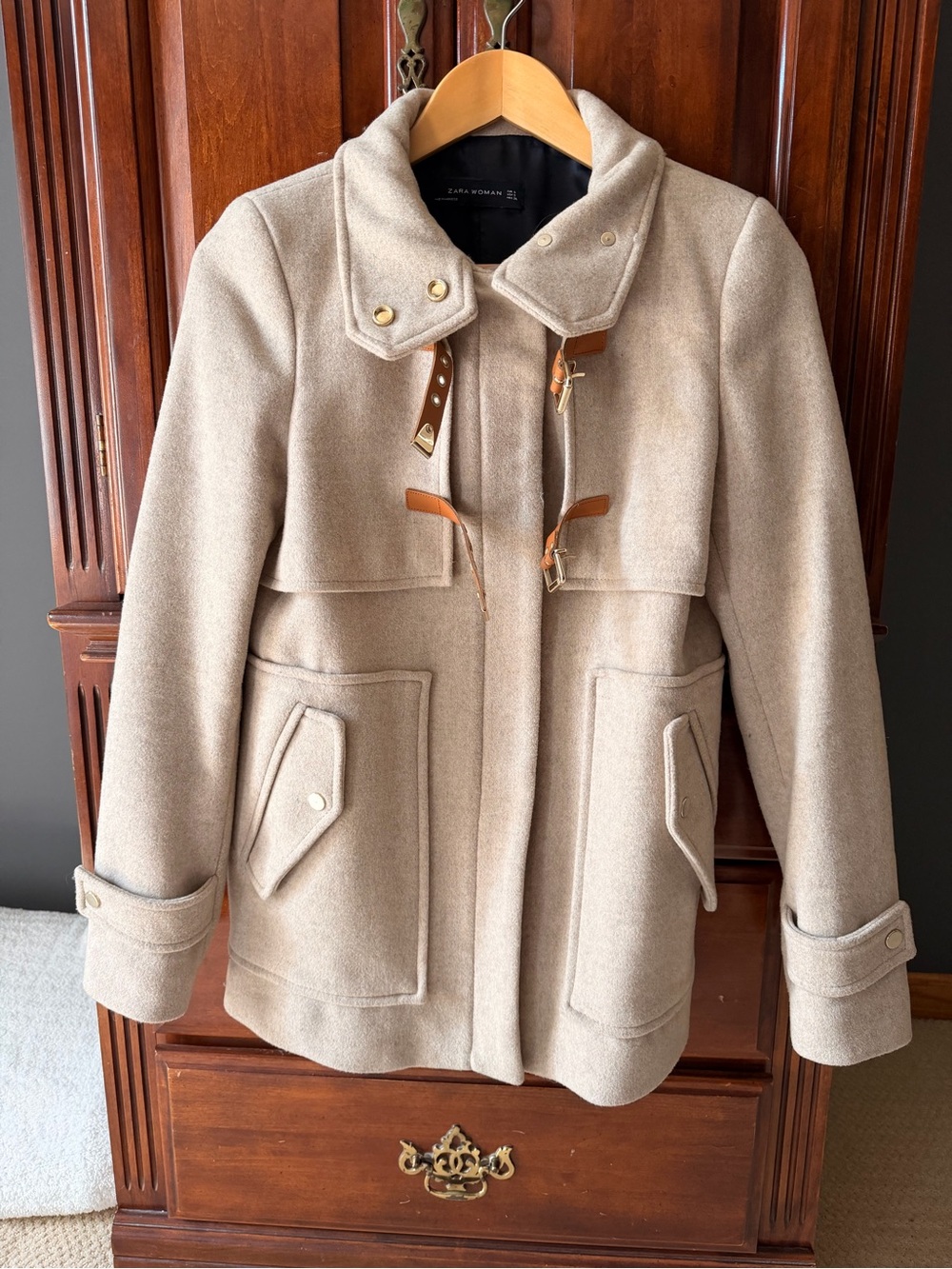 Zara Tan Wool-Blend Toggle Pea Coat